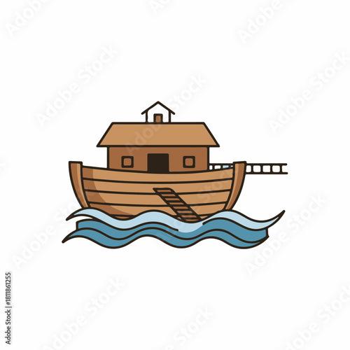 Noah's Ark illustration shows biblical ship on water with animals inside. This Noah's Ark design evokes a tale of salvation, hope, and faith. Symbolic Noah's Ark illustration for religious teachings,