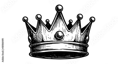 Ornate Royal Crown Detailed Hand-Drawn Sketch, A Symbol of Power, Authority and Leadership, Isolated on White Background for Medieval Fantasy Graphic Design, Kingly Illustrations, Iconography, Retro S