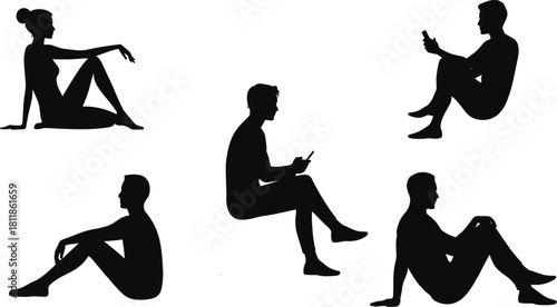 Five black silhouettes of people sitting and looking at phones on white background woman