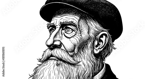 Intricate Engraving Portrait of an Elderly Bearded Man with a Cap Contemplating the Past, Set Against a Clean White Background, Suitable for Historical Illustrations, Graphic Design Projects, Creating