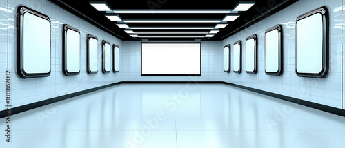 Modern interior with framed panels creates pure minimalism as aligned geometry and steady illumination build futuristic structure reducing spatial tension in bright corridor