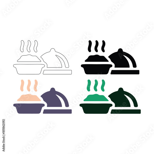 Set of four food cloche serving dish icons in outline, solid, and color style