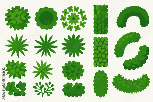Landscaping vegetation icons for garden design, fresh green bushes and trees for map elements and landscaping projects