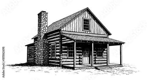 Detailed Ink Drawing of Cozy Log Cabin in Rural Setting, Depicting Rustic Charm and Architectural Detail for Real Estate Marketing, Home Design Inspiration, Construction Industry Illustrations, with S