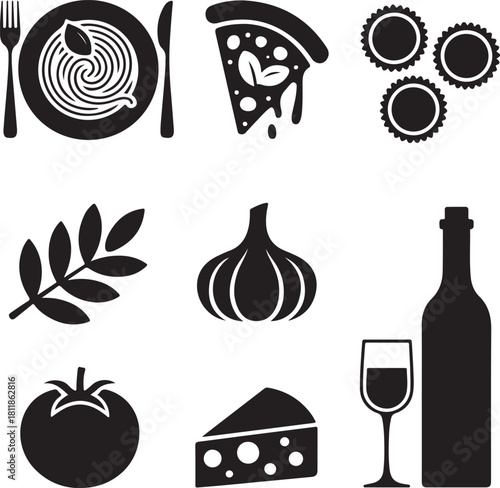 Collection of italian food and drink icons in black silhouette