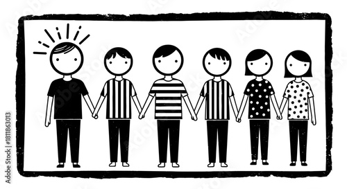 Diverse Group of People Holding Hands in Unity and Solidarity Inside Graphic Frame – Depicting Teamwork, Community, Connection, Support, Cooperation, Friendship, Brotherhood, Togetherness, Bonding, Co