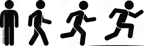 Four black stick figures showing progression from standing to running person human