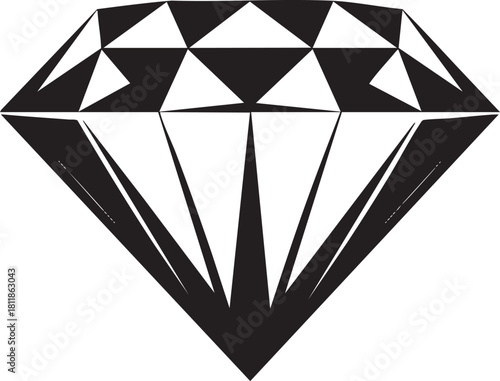 A stark, graphic representation of a diamond in black and white. Its facets are sharply defined, creating a bold and iconic image.