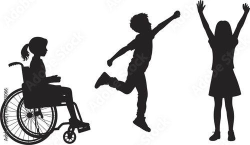 Black silhouette of children playing one in wheelchair reaching up white