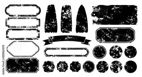 Distressed Stamp Elements Design: Black Grunge Frames & Shapes on White for Vintage Branding, Marketing, Invitations & Labels – Use Rough Borders, Banners & Circles in Graphic Design Projects, Present