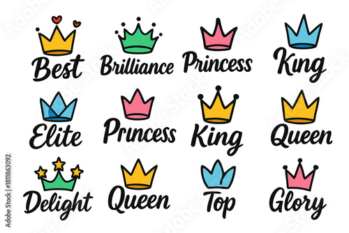 Colorful royal crowns collection with positive affirmations for branding and design, perfect for motivational content and creative projects