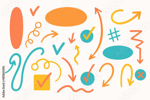 Dynamic doodle style arrow and shape collection offers modern design elements for infographics and presentations, originally from vector art