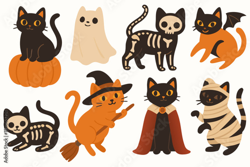 Spooky cute Halloween cat costumes collection for festive designs, parties, celebrations, and themed projects, vector