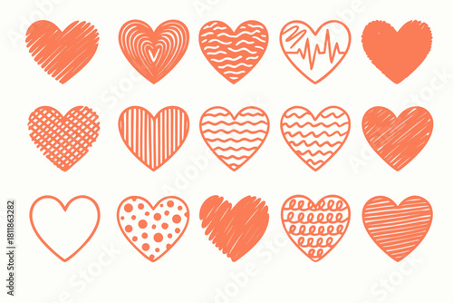 Expressive heart collection with modern doodle art for Valentine's Day projects and romantic designs, love heart vector set