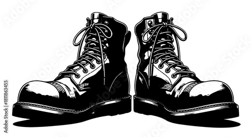 Pair of Rugged Leather Work Boots for Construction, Hiking, or Motorcycle Riding - Durable Footwear Illustration for Adventure Lifestyle, Outdoor Activities, and Labor Industry Promotion, Detailed Vec