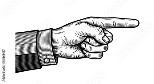 Vintage Hand Pointing Illustration: Retro Directional Guidance in Business Context, Indicating Strategy and Foresight for Marketing Presentations & Professional Development Materials (Engraved Style,