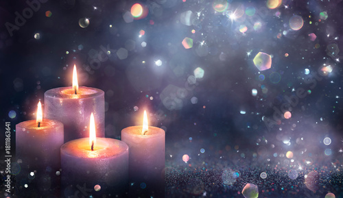Advent Candles - Four Purple Candlelights Glowing In Shiny Dark Background With Glittering And Abstract Lights