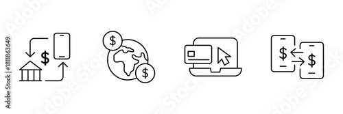 Mobile banking, global transfer, online payment, electronic transaction, financial exchange icon vector illustration for commercial use.