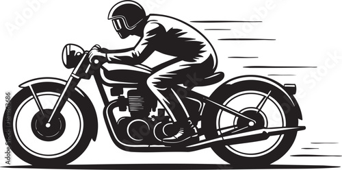 A black and white illustration depicts a motorcyclist in a racing stance, conveying speed and movement against a plain background.