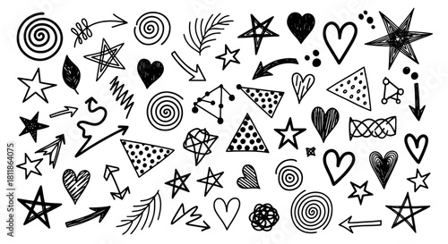 Hand-Drawn Doodles Elements Background - Arrows, Hearts, Stars, Spirals for Creative Projects: Vector Illustration for Decoration, Sketchbook Art, Notes, Designs, and Invitations with Black Line Symbo