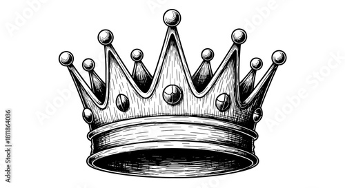 Detailed Crown Drawing Illustration Depicting Royalty and Power on a White Background, Ideal for Fantasy Book Covers, Game Art, and Historical Document Design, Showcasing Intricate Hatching and Detail