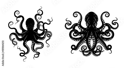 Two stylized octopus illustrations in black and white