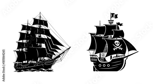 Two pirate ships sailing on the open sea