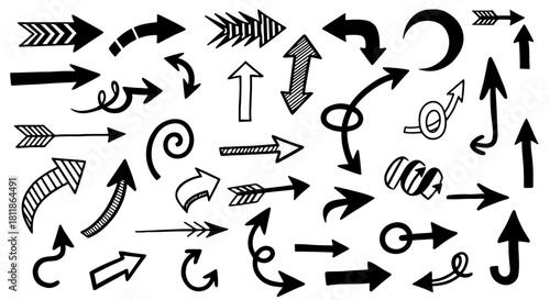 Hand-Drawn Arrows Collection Flowchart Directing Paths, Navigational Signposts Guiding User Interface Design with Directional Symbols for Business Infographics and Wayfinding, Doodle Elements for Pres