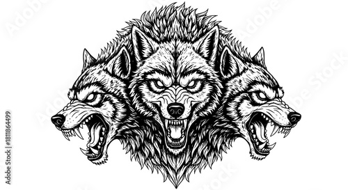 Three-Headed Wolf Cerberus Growling Ferociously in Dark Fantasy Realm, Guarding Gates, Symbolizing Protection and Power,  Detailed Line Art Illustration for Gaming, Mythology, Horror Projects, Hallowe