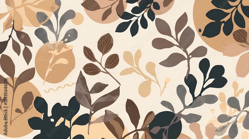 Overlapping Botanical Motifs in Beige, Brown, and Deep Green
