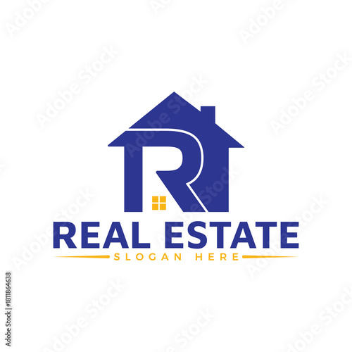 Blue real estate logo design featuring the letter r integrated into a house silhouette with text slogan isolated on white background