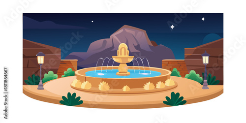 A night scene of a crystal-clear fountain surrounded by desert sandstone carvings. The fountain is at the center of a courtyard and is illuminated by soft, warm light. The sandstone carvings have.