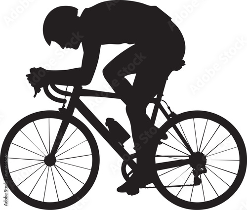 A black silhouette of a cyclist in a tucked, aerodynamic stance on a road bicycle, isolated on a white background.