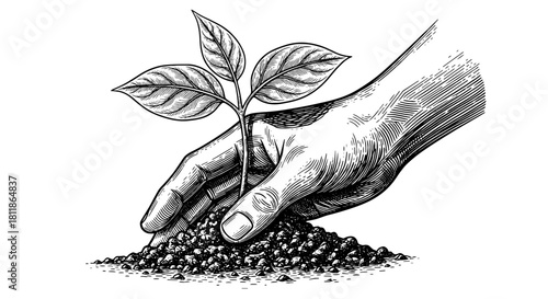 Hand Planting Seedling in Soil: Symbol of Growth, Nurturing Environment for Sustainable Future & Organic Farming. Detailed Engraving Style Illustration for Ecology Projects, Business, Healthcare, Educ