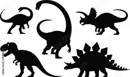Dinosaurs silhouette collection, prehistoric animal vector illustration, T-Rex, Triceratops, Stegosaurus, Brachiosaurus, Jurassic creatures, cad drawing flat vector illustration