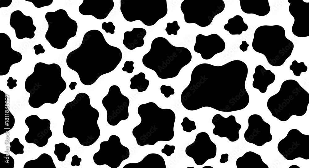 Fototapeta premium Seamless Cow Spots Pattern Background for Branding, Fashion, and Design Projects, Featuring Black Irregular Shapes on White, Perfect for Textiles, Wrapping Paper, and Modern Wallpaper, Animal Print De