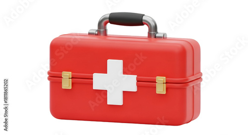 Red first aid kit with white cross on black background