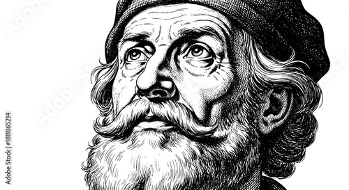 Detailed Pen-and-Ink Portrait of a Bearded Scholar Gazing Upward in Thought, Illustration Artwork in a Classic Style, Ideal for Education, Literature, Philosophy, History Books, Presentations, and Old