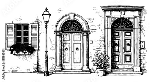 Detailed Sketch of Old European Architecture with Window, Lamp Post and Ornate Doors Featuring Columns in Quaint Village Setting for Travel Designs, Architectural Plans, Historical Studies, and Vintag