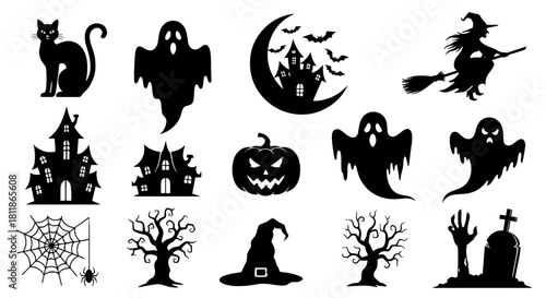 Eerie Halloween Silhouette Collection: Spooky Icons in a Vector Graphic, Celebrating Autumn Festivities and the Spirit of the Season with Creepy Cats, Ghosts, Haunted Houses, Witches, Pumpkins, and Mo
