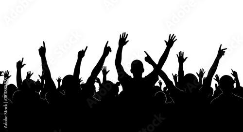 Excited Crowd Silhouette Celebrating at Concert Event with Raised Hands, Cheering Audience Enjoying Live Music Performance in Nightlife Scene, Symbolizing Enthusiasm, Unity, and Collective Joy, Suitab