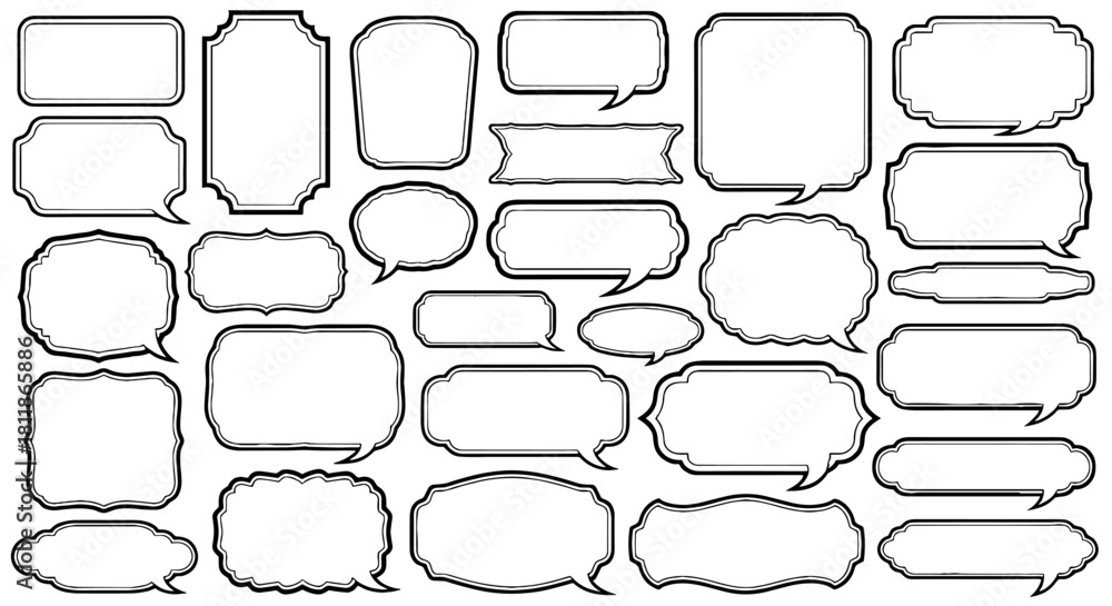 Obraz premium Retro Speech Bubbles Compilation Arranged on White Background: Classic Comic Style Chat Box Set for Vintage Design Projects, Dialogue, Social Media, and Creative Presentations with Traditional Elegant