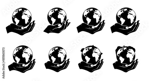Protecting the Earth Icons: Hands Holding Globe Illustration Set, Representing Conservation, Environmental Stewardship, and Global Responsibility. Ideal for Corporate Social Responsibility Initiatives