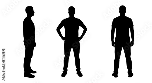Silhouetted Men Posing in Studio: Three Dark Figures Against White Backdrop for Professional Branding, Corporate Identity & Diverse Representation in Modern Business Presentations & Marketing Material