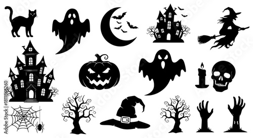 Halloween Vector Icon Set: Spooky Illustrations for Festive Designs, Featuring Haunted House, Black Cat, Witch on Broom, Pumpkin, Ghost, Moon, and Bat Silhouettes, Perfect for Holiday Celebrations, Cr