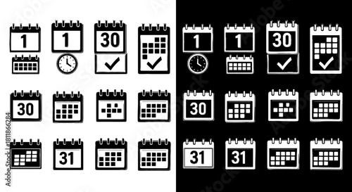 Calendar Icons Set Deadline Management Planning Timetable: Schedule Events, Organize Dates, Plan Appointments, Work Meeting Reminders, Office Task Organizer, Productivity Tool on White and Black for B