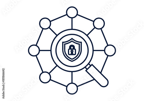 Icono de lupa analizando un escudo de seguridad con candado sobre una red de conexiones digitales