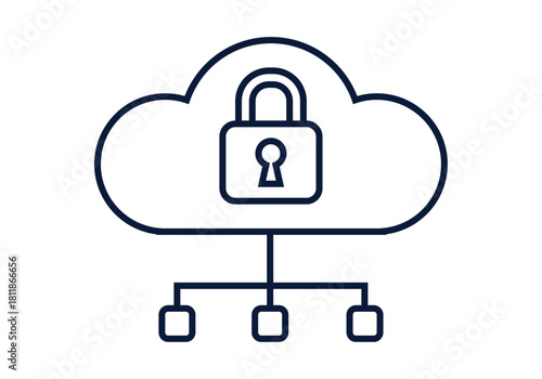 Ilustración vectorial de icono de nube de computación con candado central y nodos conectados para seguridad de la red