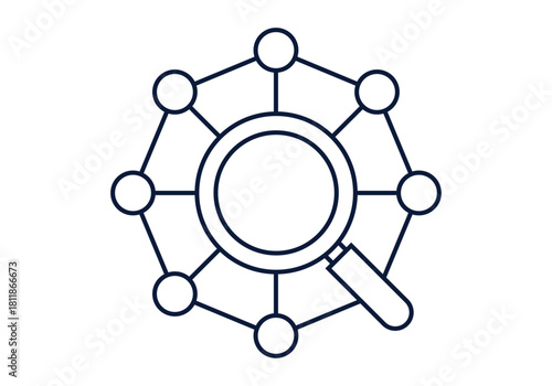 Ilustración vectorial de icono de lupa sobre una red de nodos y conexiones para análisis de datos