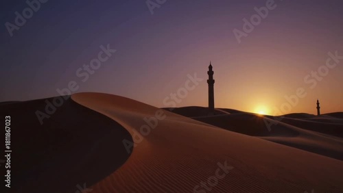 Sunset over the desert dunes, sound of adhan echoing from a distant minaret.
